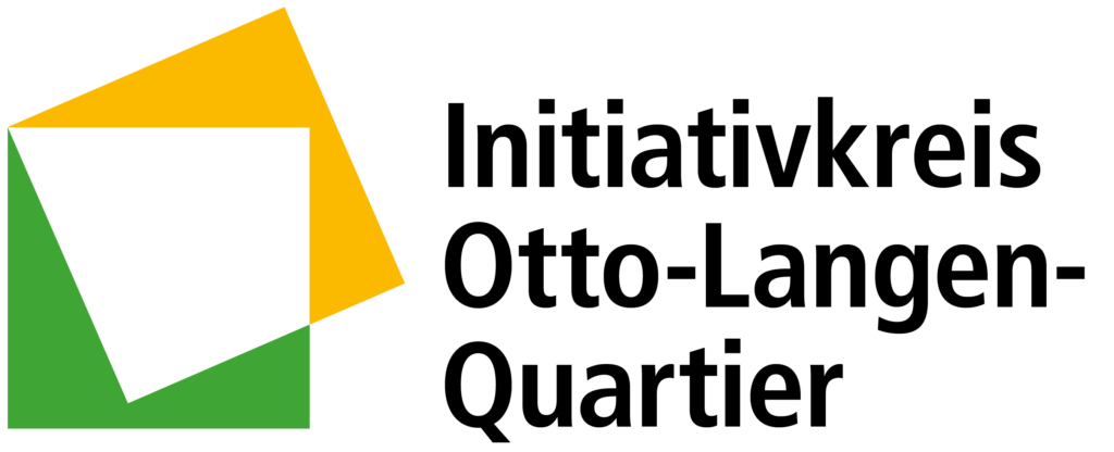 Logo des Inititativkreises aus zwei ineinander verdrehten farbigen Quadraten und der Aufschrift "Initiativkreis Otto-Langen-Quartiert".