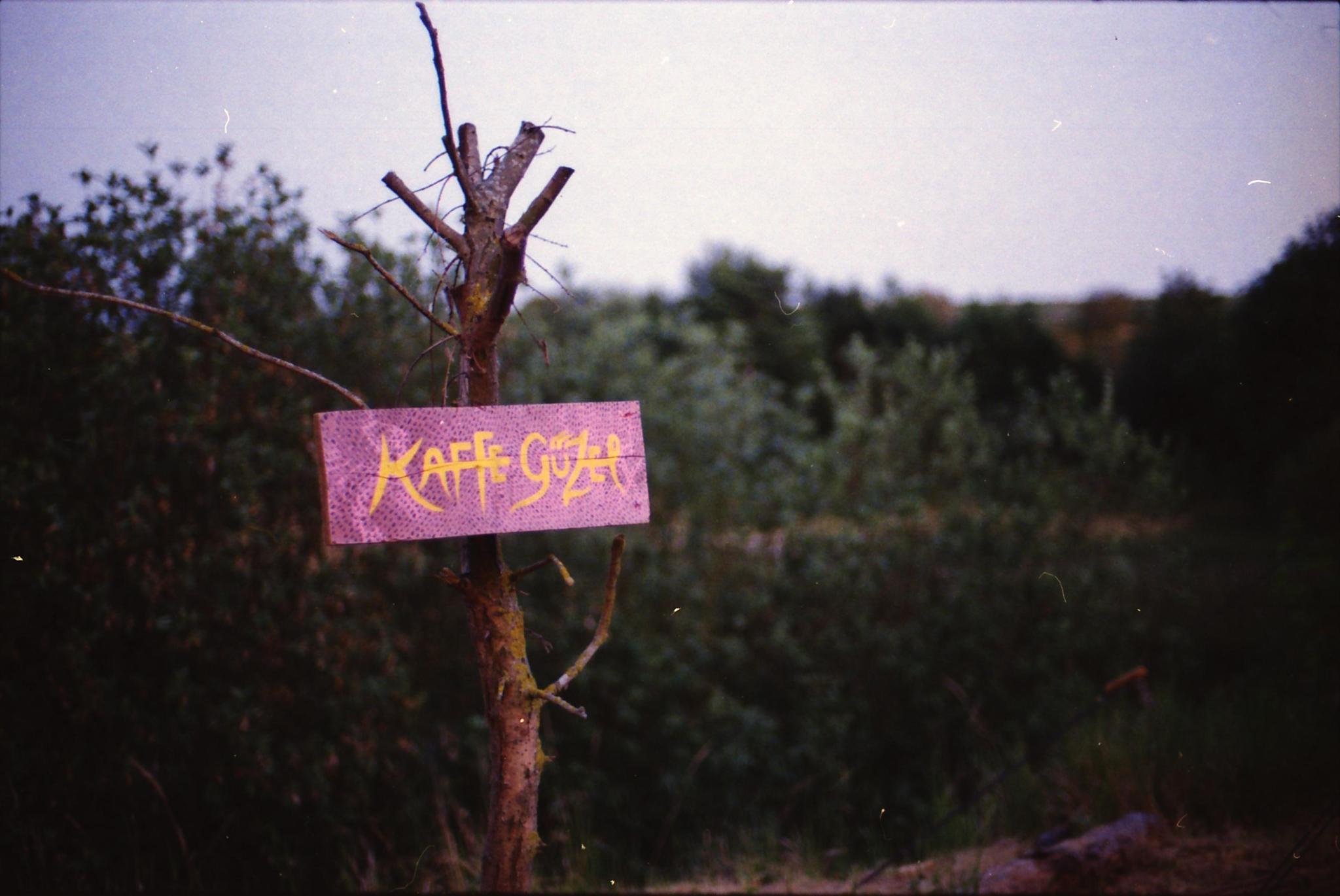 Eine analoge Fotografie eines Holzstocks auf dem ein pinkes, handgeschriebenes Schild mit der Aufschrift "Kaffe Güzel" befestigt ist.